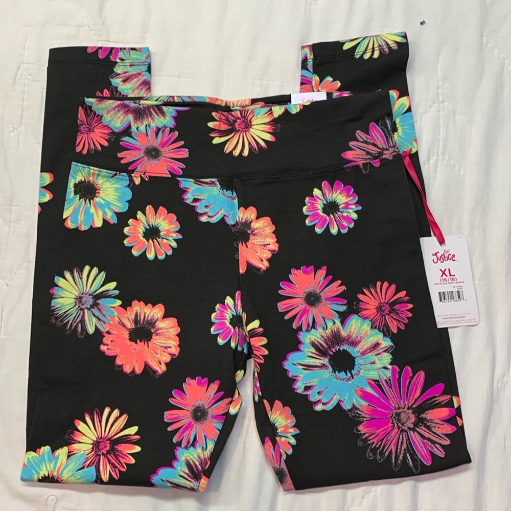 Justice Girls XL Neon Black Multi-Color Daisy Floral Full Length Leggings NWT